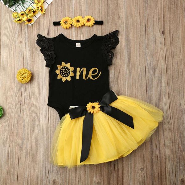 

baby summer clothing 3pcs infant girl letter one birthday outfit party sunflower romper bowknot cake smash tutu dress sets, White