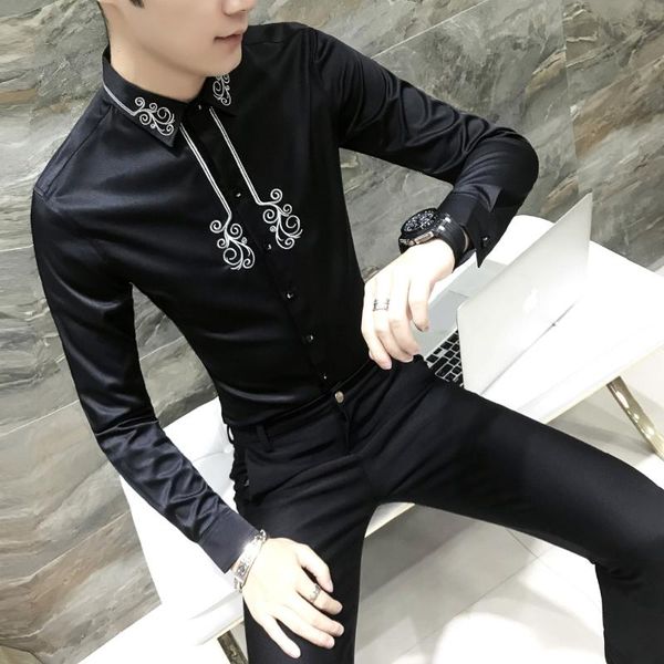 

men's casual shirts man's shirt lean embroidered dress long sleeve evening club, White;black