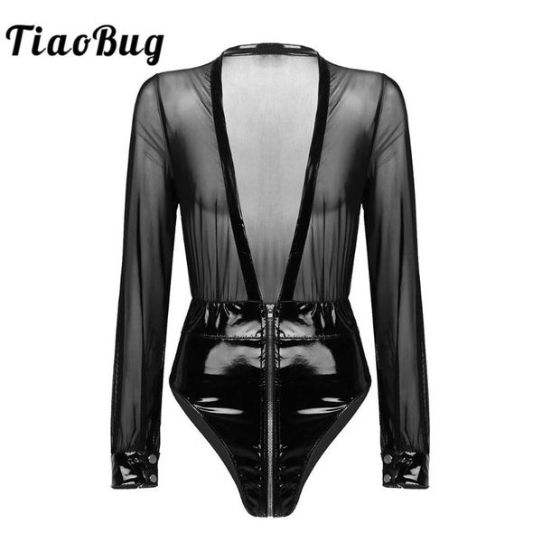 

women sheer mesh patent leather patchwork plunging v-neck long sleeve zipper leotard bodysuits nightclub party rave clothes women's jum, Black;white
