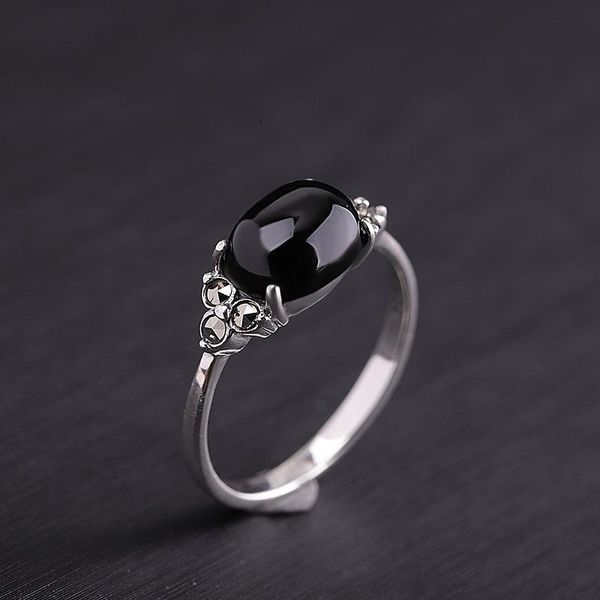

cluster rings metjakt s925 sterling silver thai black agate vintage women's ring, Golden;silver