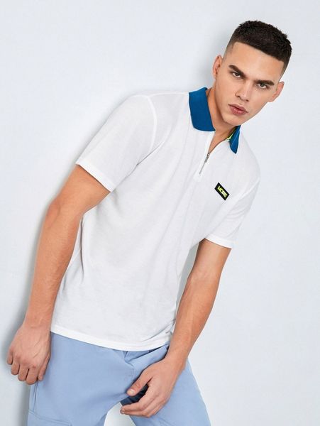 

men letter patch half zip contrast collar polo shirt u5yx#, White;black