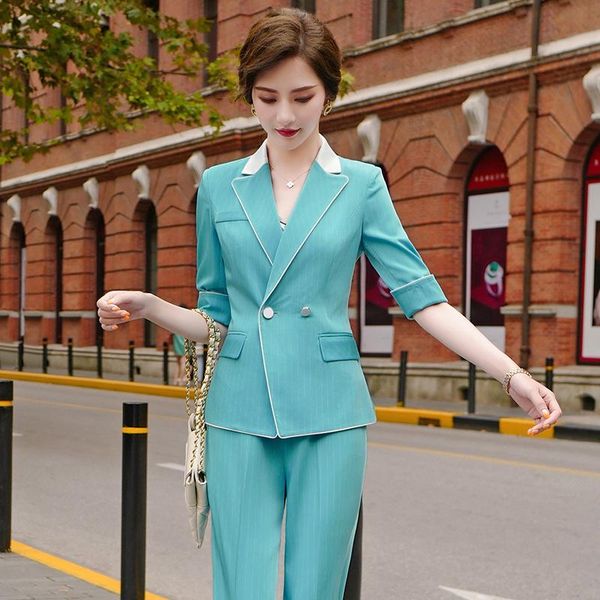 

women's suits & blazers izicfly summer blue striped business ladies wide leg pants for work wear office trouser ol blazer set, White;black