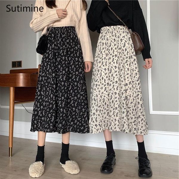 

skirts summer womens 2021 vintage floral print chiffon skirt elastic high waist casual midi women clothes, Black