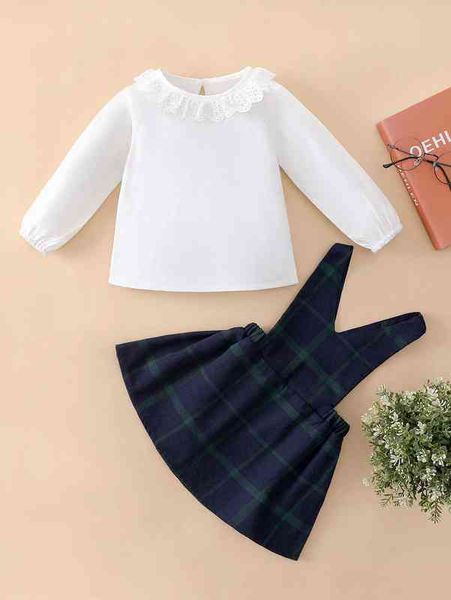 

baby eyelet embroidered trim & plaid overall dress she, White