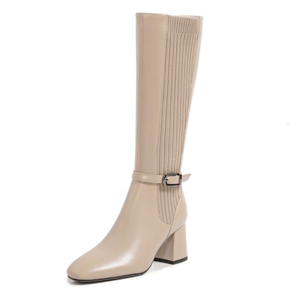 

asumer plus knee genuine leather knitting zip buckle boots high heels black women's shoes