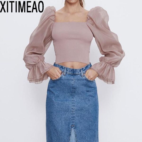 

women 2021 sweet fashion patchwork organza knitted blouses vintage see through sleeve stretch female shirts chic women's &, White