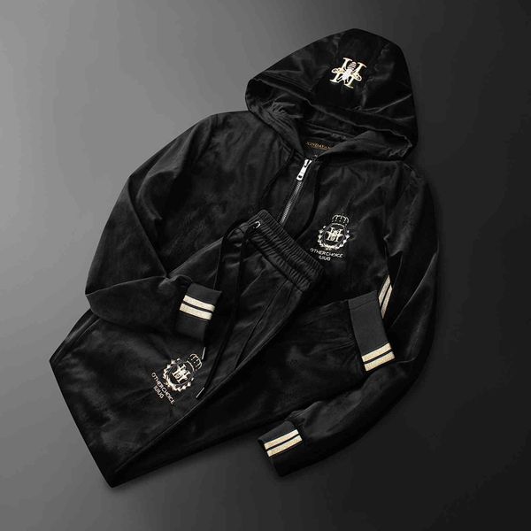 

autumn and winter new golden veet coat little bee hooded cardigan leisure sports two-piece set men's wear, Gray