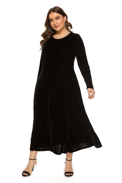 

plus size women's o-neck long sleeve gold velvet dress sq0135, Black