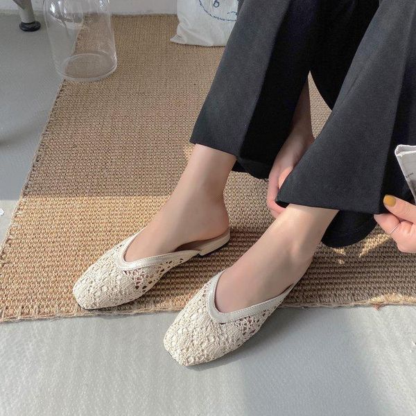 

slippers beach shoes fretwork heels square toe ladies' luxury slides lace slipers women low sabot designer summer 2021 fabric ro, Black