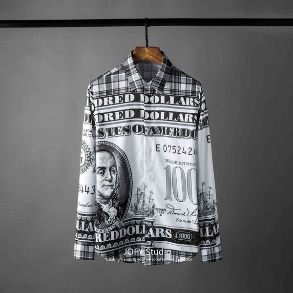 

tee polo shirt men luxury dollar allover printing party fashion long sleeve slim fit mens shirts plus size 4xl, White;black