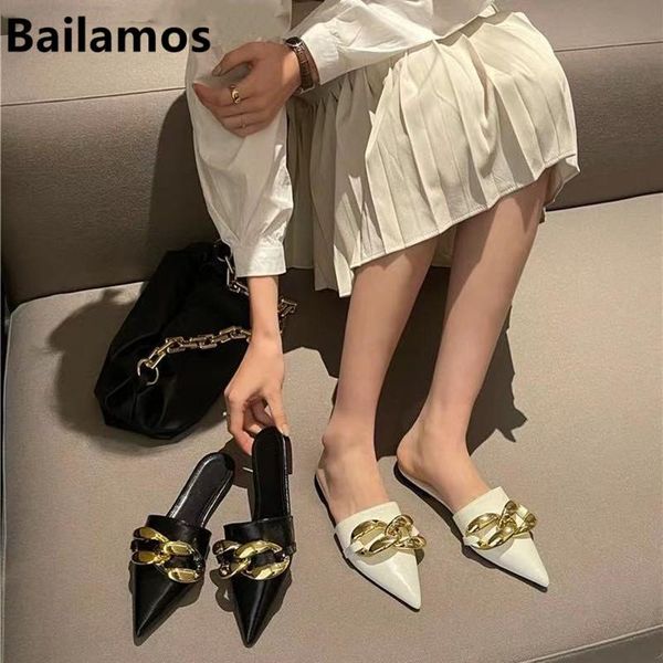 

bailamos 2021 spring women slipper heel legant pointed toe flat brand gold chain slip on mules shoes ladies slides sandals slippers, Black