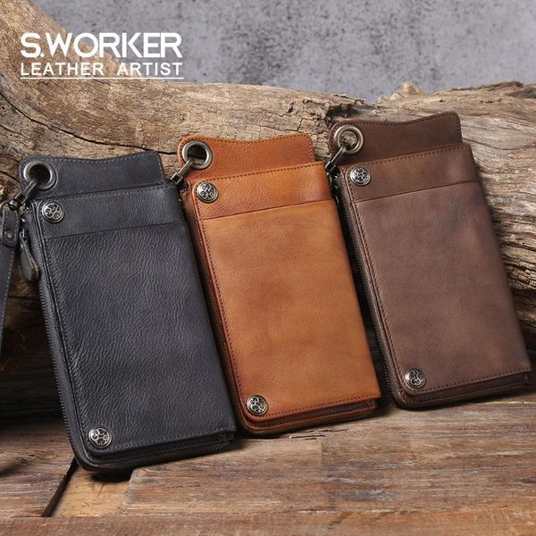 

wallets vintage genuine leather wallet handmade men's cowhide long pocket purse clutch cash card holder, Red;black