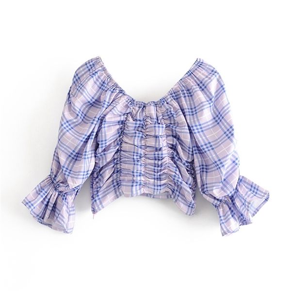 

elegant court style short blouse summer spring holiday beach purple blusas slash neck plaid puff long sleeve shirt and 210430, White