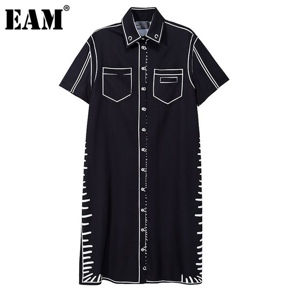 

[eam] women black big size print pocket casual dress lapel short sleeve loose fit fashion spring summer 1dd6985 210512, Black;gray