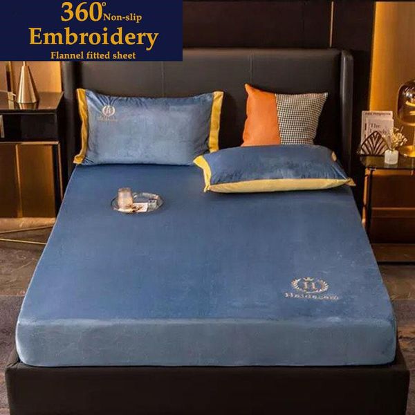 

sheets & sets wostar luxury embroidery winter warm flannel elastic band fitted sheet mattress cover solid super soft bed and cases