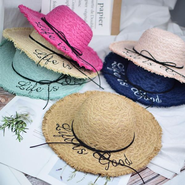 

stingy brim hats sun visors letter embroidery cap big ladies summer straw hat for women shade sunhat beach caps leisure &, Blue;gray