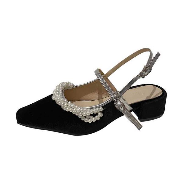 

summer style thick heel pearl ladies one word buckle mary jane sandals ladies simple retro girl high heels ladies 210611, Black