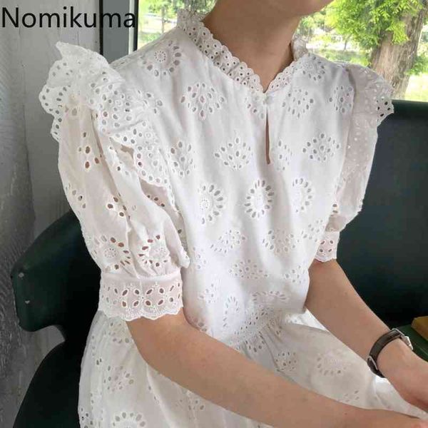 

nomikuam woman dress korean hollow-out puff sleeve stand neck dresses causal elegant high waist a-line vestido feminimos 6h388 210427, Black;gray