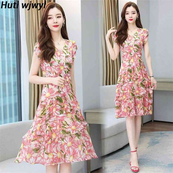 

summer plus size floral chiffon sundress elegant women boho beach midi dresses korean vintage bodycon short sleeve vestidos 210528, Black;gray