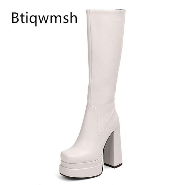 

boots white platform knee high women square toe side zipper soft real leather heels shoes woman ankle botas, Black
