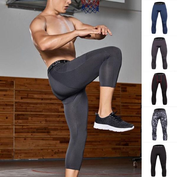 

running pants men's stretch fitness basketball training compression tight cropped, Black;blue
