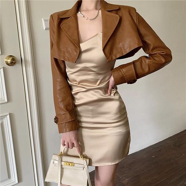 

women's jackets crop leather jacket women 2021 spring and autumn korean style long sleeve pu coat brown casual slim outwear, Black;brown