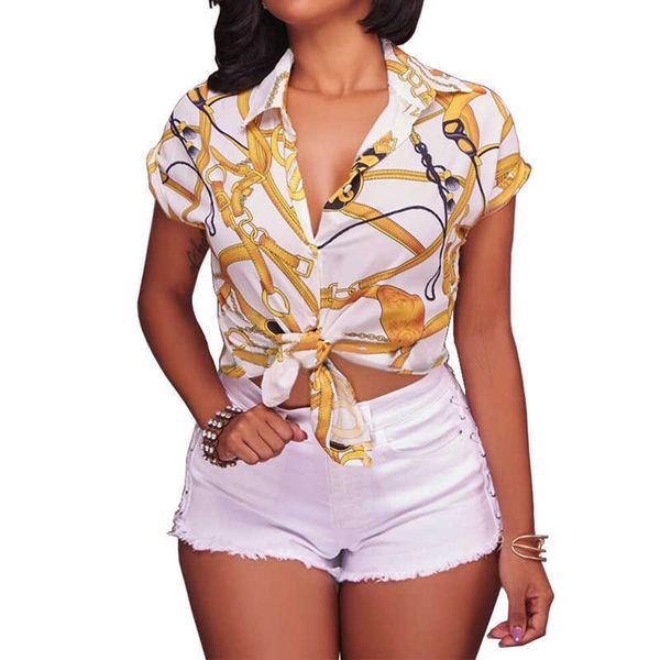Damen Tops und Blusen Sommer Casual Kurzarm Kette Print Bluse Shirt Elegante Damen Tops Tunika Blusas Mujer S-XL 210721