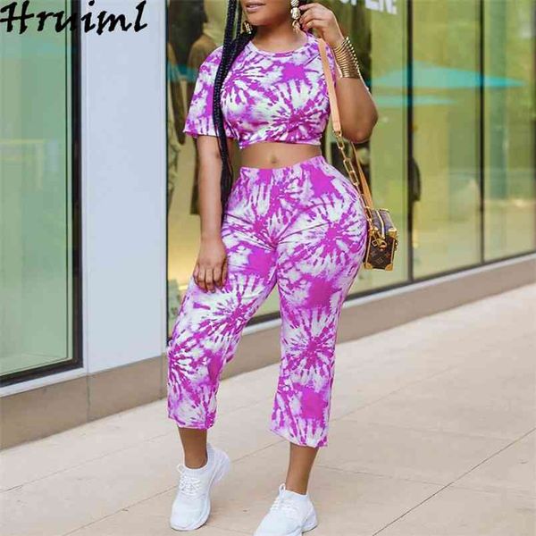 

sets womens outfits summer short sleeve crop pants women tie dye print clothes casual sport streetwear runway set 210513, White