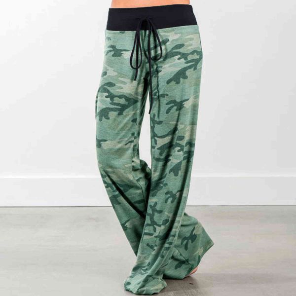 Baggy Solta Calças Femininas Calças Femininas Sports Camo para Mulheres Calças Plus Size Largo Perna Palazzo Sweatpants Verde 211124