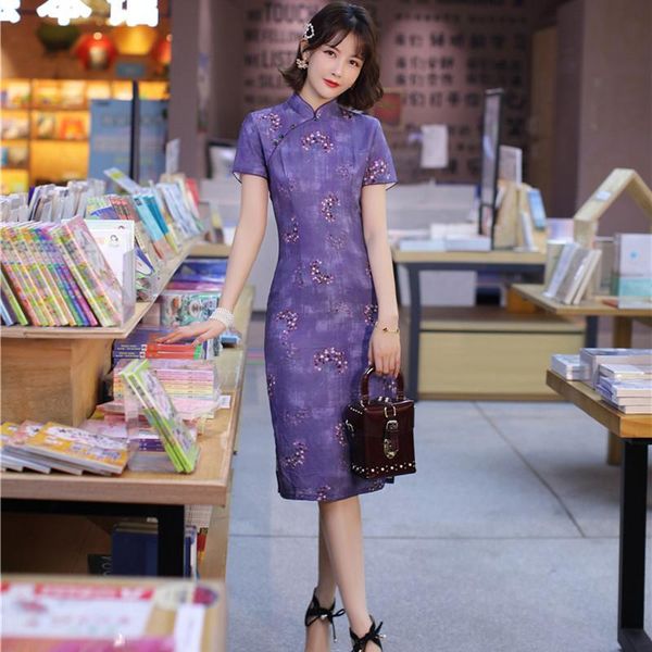 

ethnic clothing vintage oriental short sleeve cheongsam traditional women cotton linen printed qipao novelty chinese formal dress  - 3xl, Red