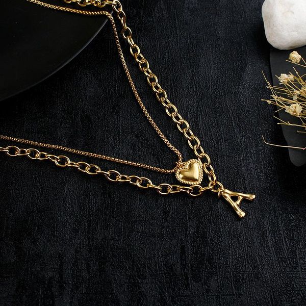 

chains layered necklace stainless steel initial name gold a-z letter heart pendant couple man girl jewelry gift, Silver