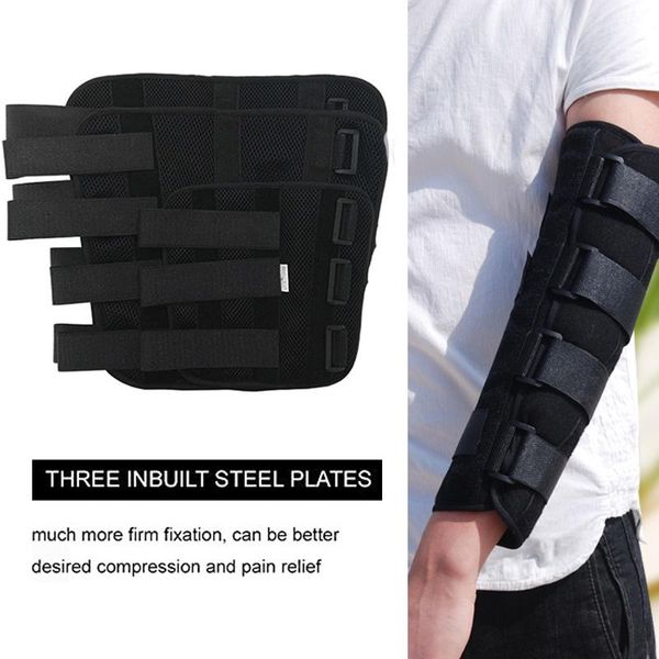 

elbow & knee pads adjustable joint recovery arm splint brace support protect belt strap with 3 fixed steel plates for children adults, Black;gray