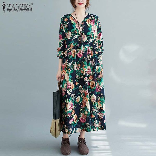 

casual dresses dresses vintage spring printed dress women's floral sundress long sleeve maxi vestidos female v neck robe plus brah, Black;gray