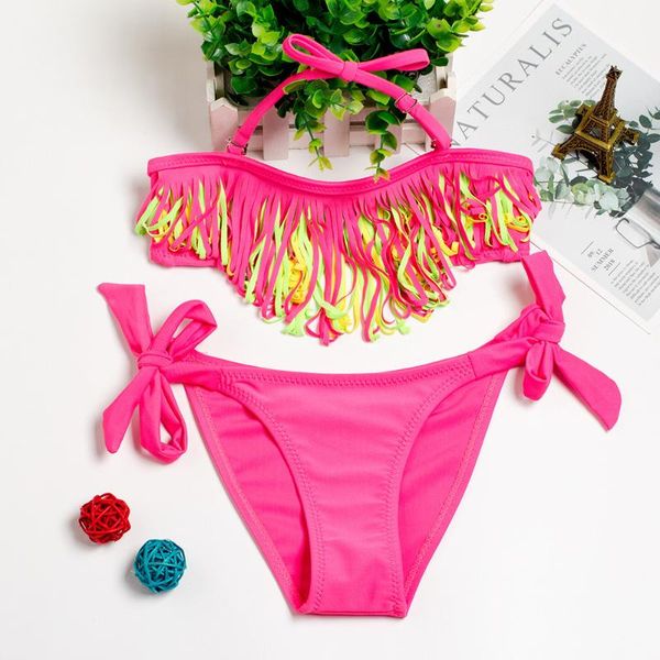 

swimwear summer quick-drying girls' swimsuit tassel halter two pieces bikini set children's split beachwear one-pieces, Black