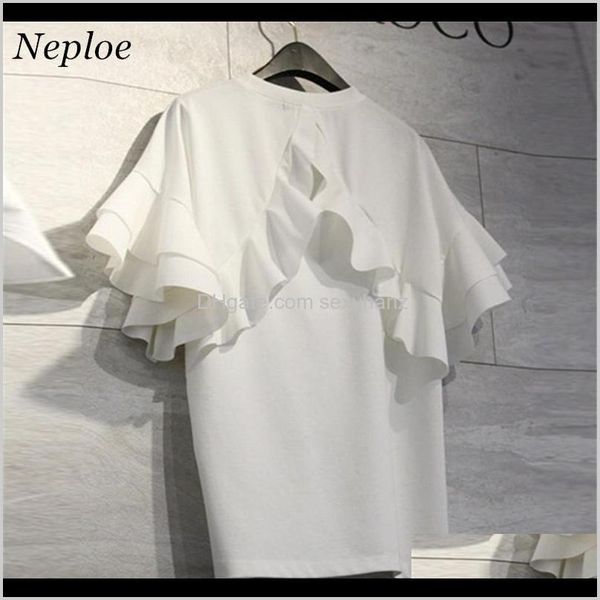 

t-shirt & tees womens clothing apparel drop delivery 2021 neploe solid short butterfly sleeve women ruffles o-neck loose female t shirt, White