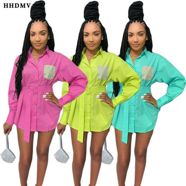 

casual dresses hhdmv women 2021 fashion reduction of age style short dress long sleeve lapel sashes mini shirt, Black;gray