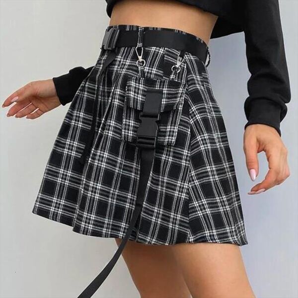

plaid flap pocket self womens skirts tie gothic clothes pleated mini y2k, Black