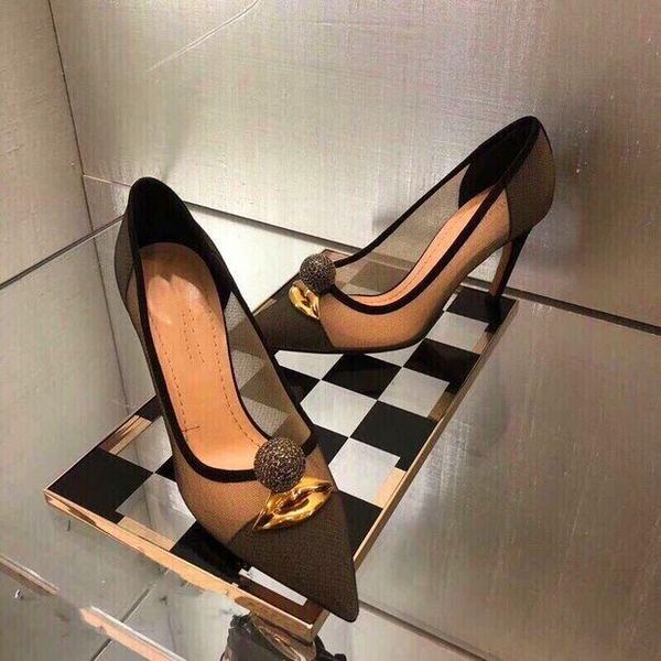 

dress shoes black mesh high heels calzado mujer thin women sandals crystal jewel mouth pumps brand