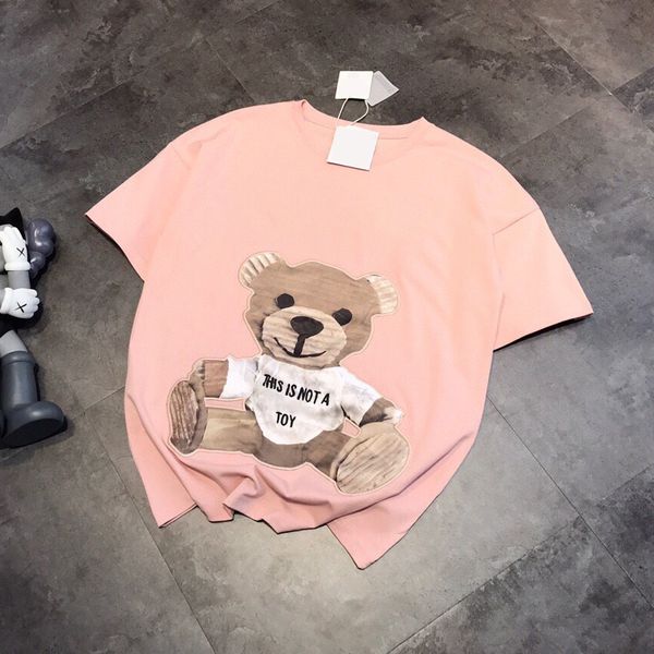 

mos embroidery print pink tie cloth bear t-shirt medium length loose casual versatile age reducing round neck cotton short sleeve, White