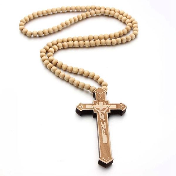 

pendant necklaces large wood jesus christ cross punk vintage long necklace with wooden beads sweater chain male collier statement jewel, Silver