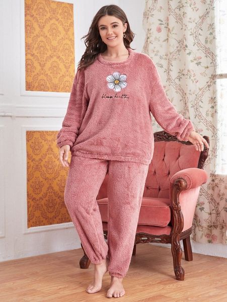 

plus flower and letter embroidery flannel pj set q1qn#, Black;white
