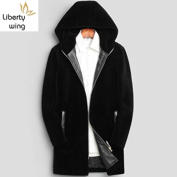 

men's leather & faux natural jacket warm thicken long shearling men cap zipper slim male coat jaqueta masculina l-4xl, Black