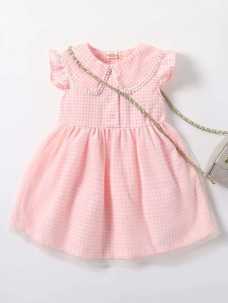 

toddler girls gingham ruffle trim pom peter-pan collar dress she, Red;yellow