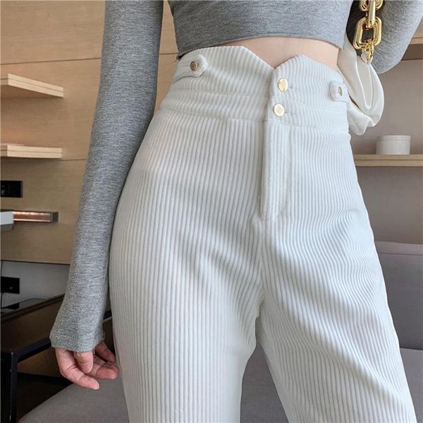 

women's pants & capris autumn winter fashion women corduroy long pant slim elastic flare high waist double button trousers loose casual, Black;white