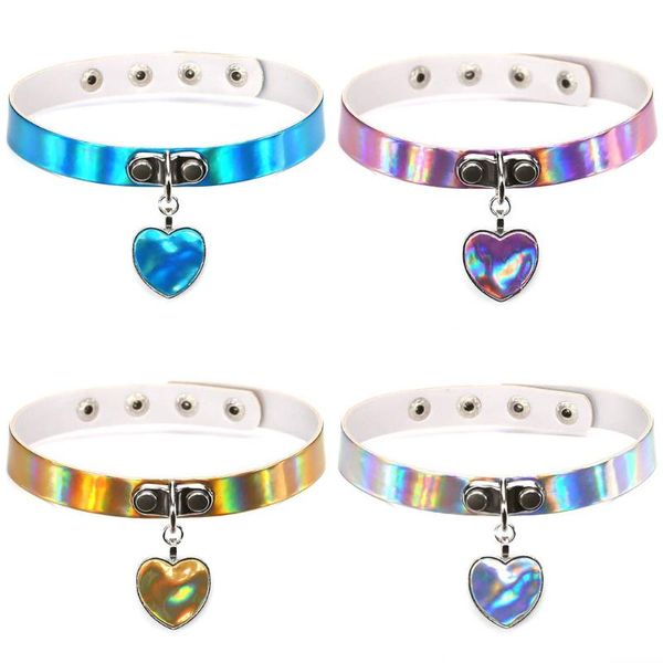 

chokers qiamni harajuku style women necklace gift laser leather collar love heart pendant street punk rock accessories party collars, Golden;silver