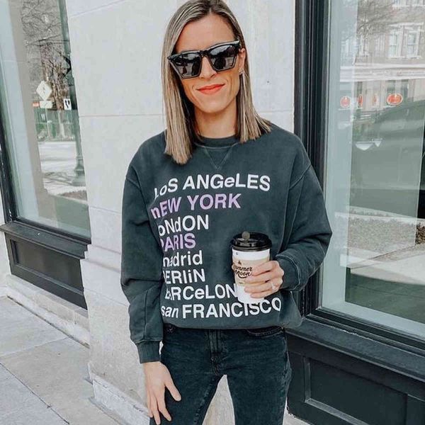 

women's hoodies & sweatshirts letter printed faded sweatshirt women autumn winter thicken cotton chic pullover femme fashion streetwea, Black