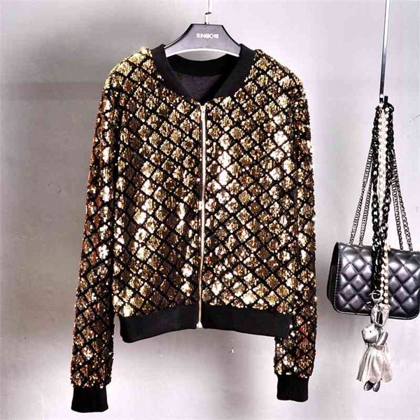 

qooth chaqueta lentejuelas mujer sequin jacket women basic coats cardigan bomber long sleeve baseball qh2162 210609, Black;brown