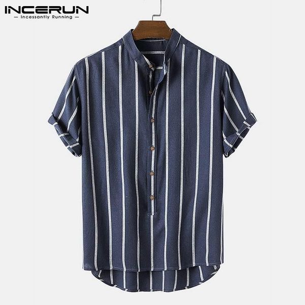 

men's casual shirts 2021 summer men striped shirt stand collar short sleeve button camisa masculina streetwear clothing s-3xl incerun, White;black