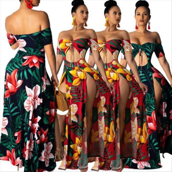 

long maxi cold womens dress shoulder v neck flower print bohemian sundress off hollow hole beach party, Black;gray