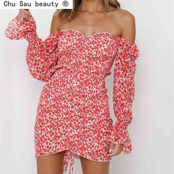 

spring pullover slash neck skirt long sleeve slim floral print high waist bodycon dress female fashion drawstring 210508, Black;gray